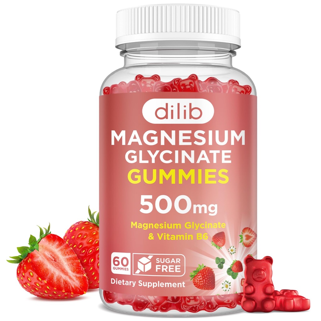 Magnesium Glykinat Gummies 500 mg - Magnesium Supplement med vitamin B6 for voksne og magnesium for barn - Calm Magnesium for søvn, Mood, Muskelstøtte - Jordbær Flavor, 60 Gummies