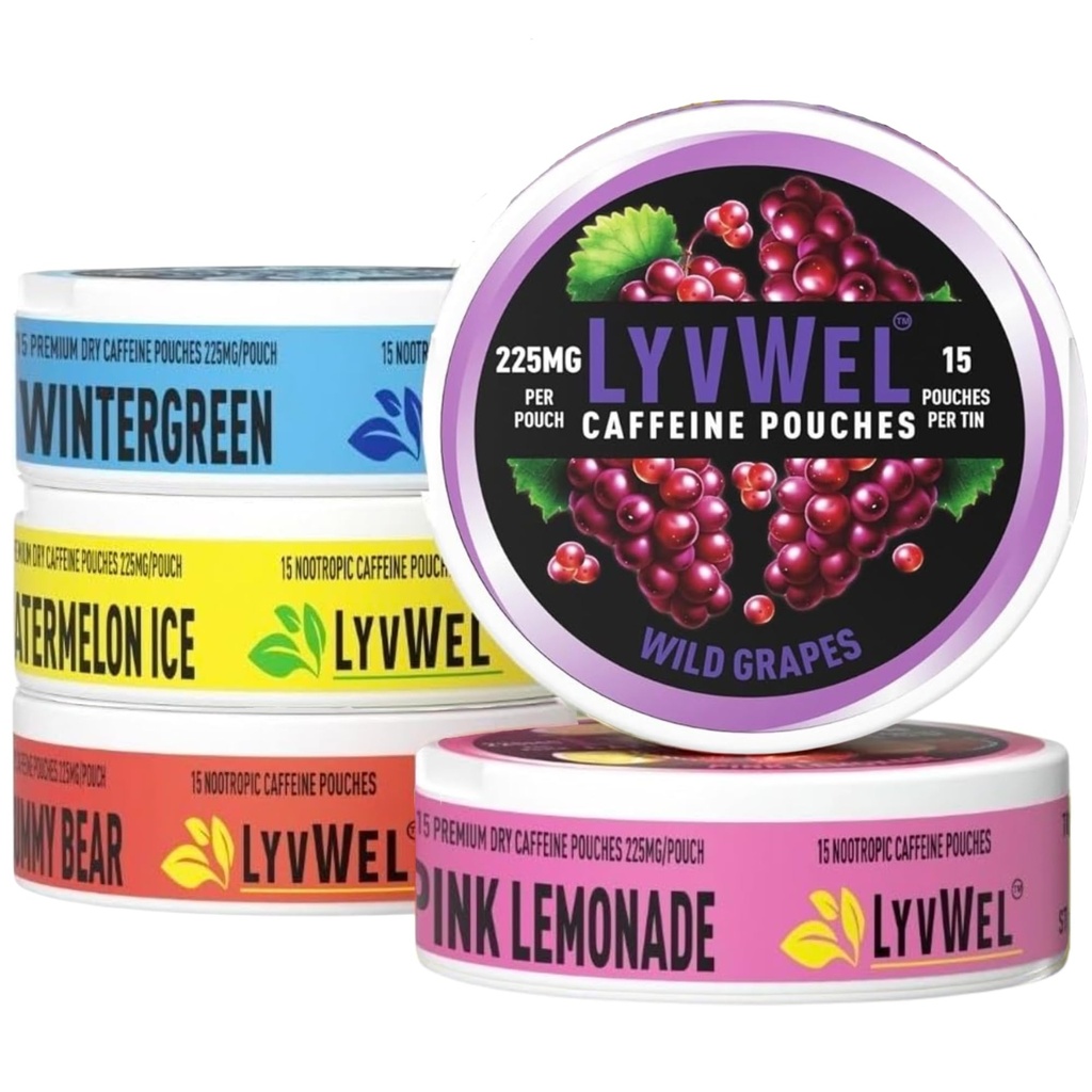 LyvWel 225mg Koffein Energi Pouches Nootropic Focus & Neuro Support | Tobaksfri, nikotinfri, hurtig energiløsning | 5-pakke: 60 Pouches (5 pakke, multi-Pack)