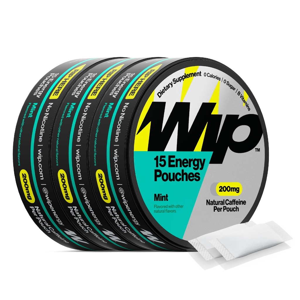 Wip Energy Pouches, sukkerfri blanding med 200 MG naturlig koffein, B-vitaminer, mineraler og L-teanin for energisupport, pre trening for aktive livsstiler, mynte, 3 kanter, 15 poser per boks