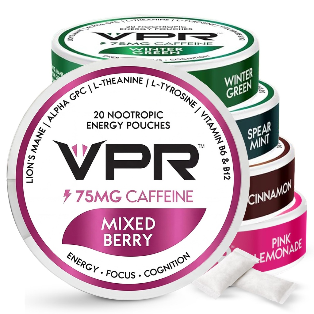 VPR 75mg Koffein Nootropic Pouches ® 20 Count Energy Pouches med Lion's Mane, Alpha-GPC, Vitamin B6 & B12, L-Teanin og L-Tyrosin ® Naturlig Flavored Focus Pouches med ingen sukker ® Variety Pack