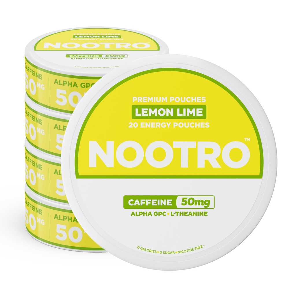 Nootro Koffein Nootropic Pouches (Lemon Lime) - Energi Pouches med 50 mg Koffein, 50 mg Alpha GPC, 50 mg L-Theanine med ingen sukker og ingen kalorier - 20 Pouches Per Can - 5 Pack