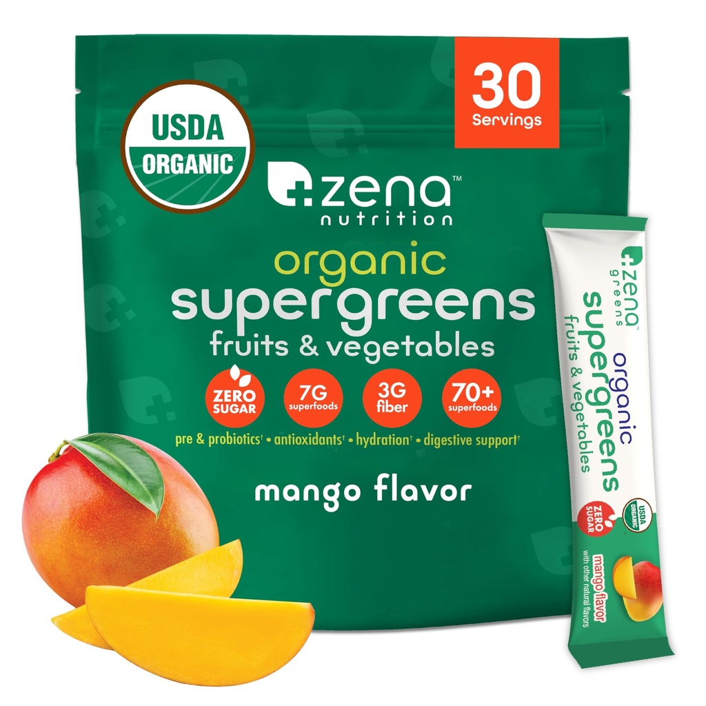 Zena Nutrition Organic Super Greens Powder, 70+ Superfoods, 0 Sukker, 3G Fiber, Spirulina, Klorella, Mushrooms, Prebiotika/Probiotika, Digestive Enzymer for Gut Helse, Mango, 30 Drikkemiks pakker