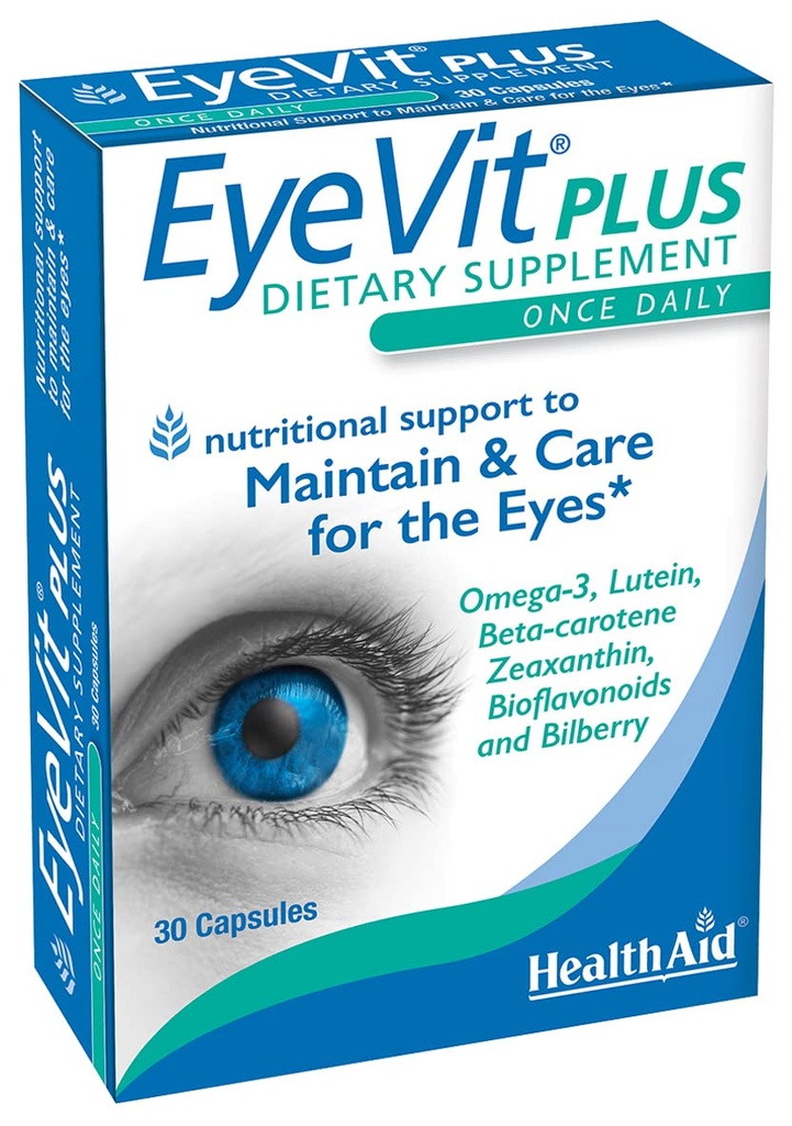 EyeVit Plus - En gang daily Eye Health Supplement | 30 kapsler  Contains Inneholder Omega-3, Lutein, Beta-Caroten, Zeaxanthin, Bioflavonoider & Bilbær