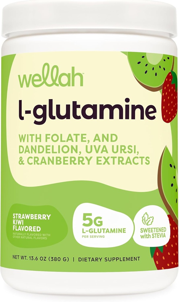 Wellah L-Glutamine pulver Jordbær Kiwi (50 Serveringer) - 5g L-Glutamin Per Serving, Søt med Stevia