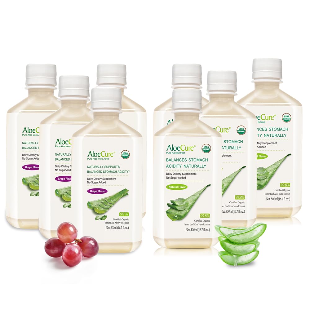 AloeCure Organic Aloe Vera Juice - 8 flaske prøvepakke - Grape og naturlig flavor, 8x500ml
