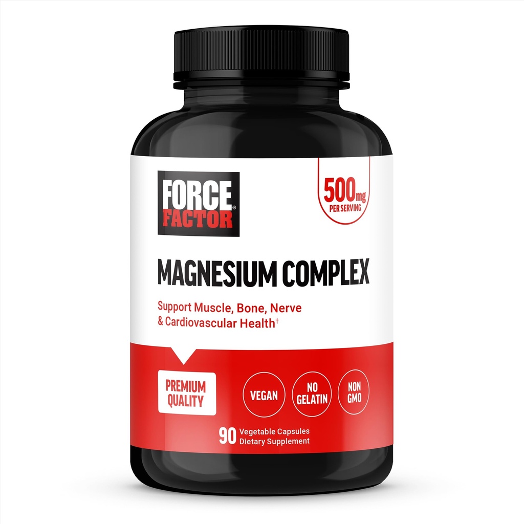 Force Factor Magnesium Complex Supplement for å støtte muskler, bein, nerver, og kardiovaskulær helse, magnesiumglycinat, magnesiumcitrat og magnesiumoksid, vegansk, ikke-GMO, 90 kapsler
