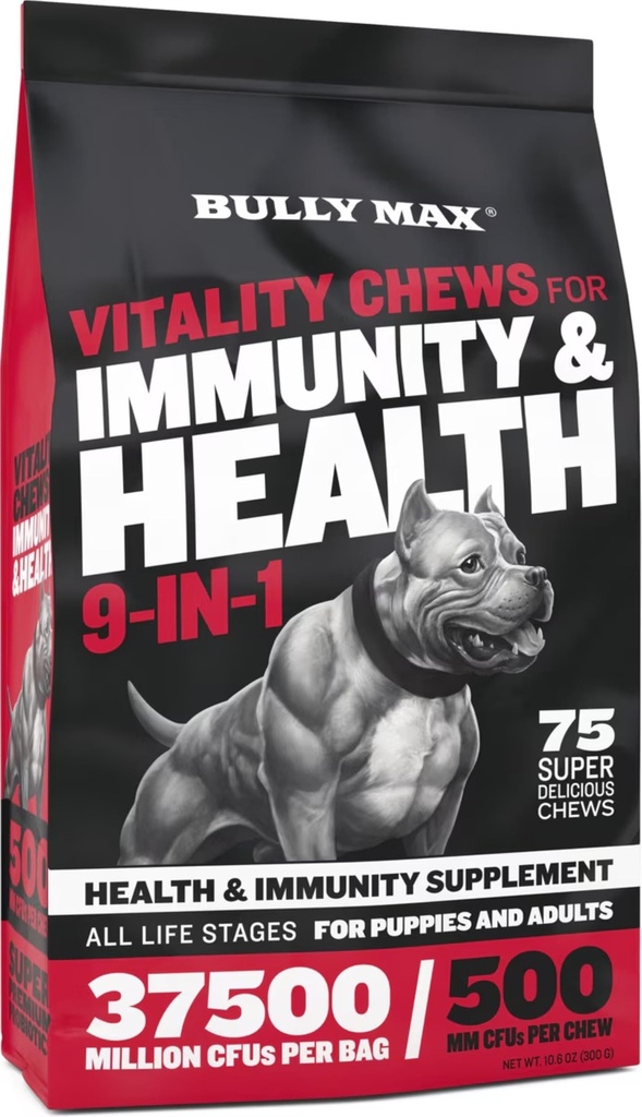Bully Max Hunde Chews & Multivitamin behandler for valp & voksen hunder - 75 myk Chews, hundetilskudd og vitaminer for alle avler - hud, coat, hjerne, hjerte, digestiv helse, immunitet, felles støtte