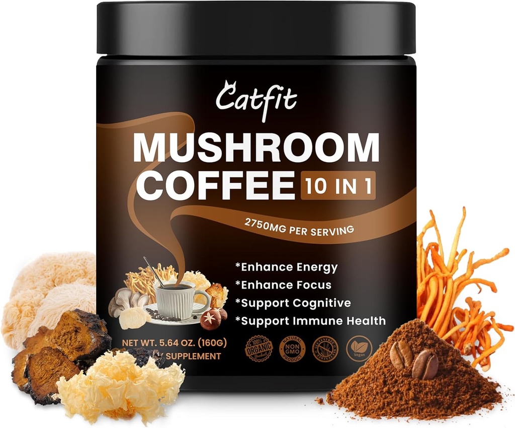 Catfit Mushroom Kaffepulver, 10 Mushroom Blend Kosttilskudd med Lions Mane, Chaga, Cordyceps, L-Theanine for energi, Fokus, Kognitiv og immunitet, 50 Servering