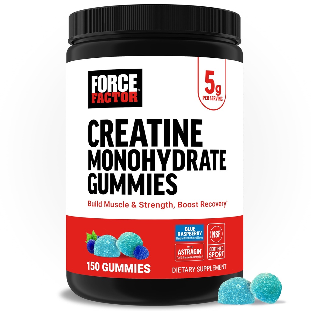 Force Factor Kreatin Monohydrat Gummies, NSF-sertifisert, 5g dose for menn og kvinner å støtte muskler, styrke, gjenoppretting, kognitiv helse og minne, emballasje May Vary, Blå bringebær, 150 gummier