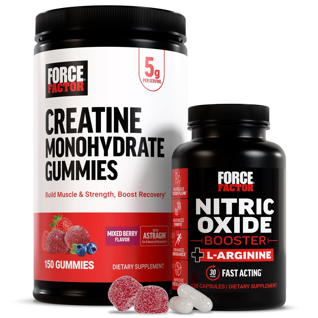 Force Factor Kreatin Gummies, 5 Grams Kreatin Monohydrat, Blandet Berry, 150 Gummies, 30 Serverer Nitric Oxid Booster, Fast-Acting Formula med L-Arginin, 120 Kapsler