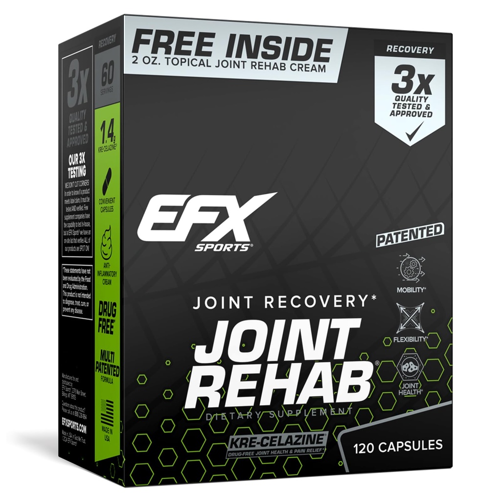 EFX Sports Joint Rehab Recovery Kit | drevet av Kre-Celazin® | for mobilitet og felles helse | 120 Kapsler Kre-Alkalyn Creatine + 2 oz Topical Cream