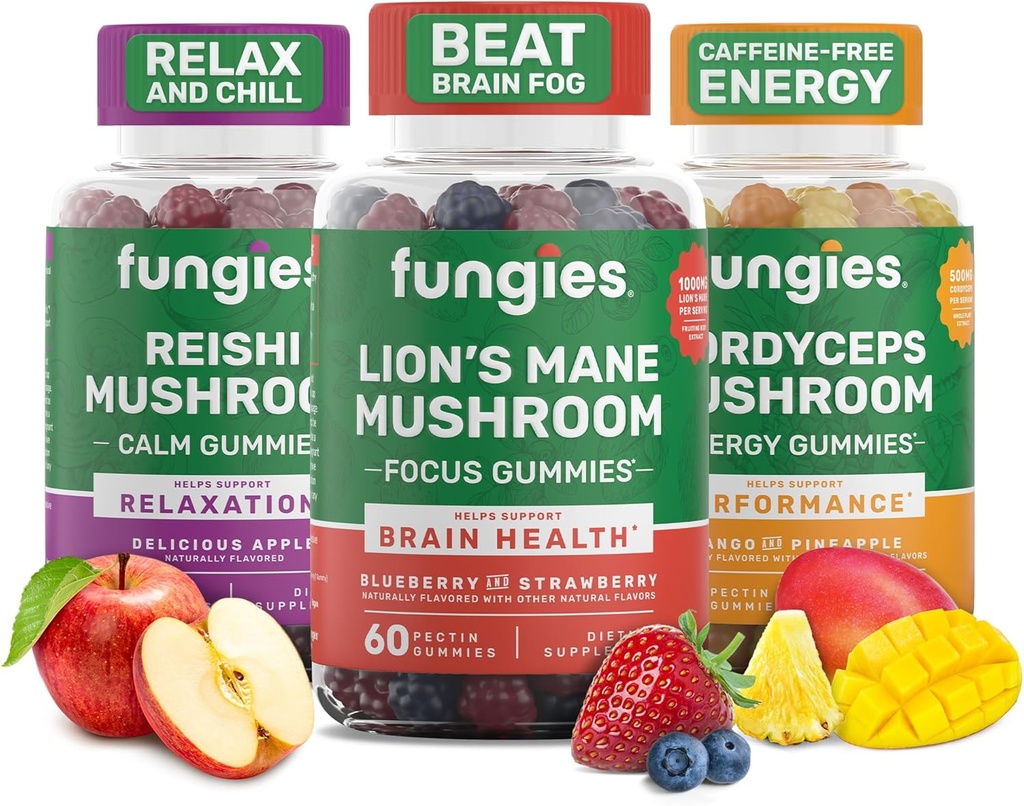 Fungies Mushroom Gummy 3-Pack Bundle, Lion's Mane, Cordyceps & Reishi Gummies for voksne - Mushroom Gummies støtter hjernens helse, Gut helse, energi og daglig velvære - 180 Services