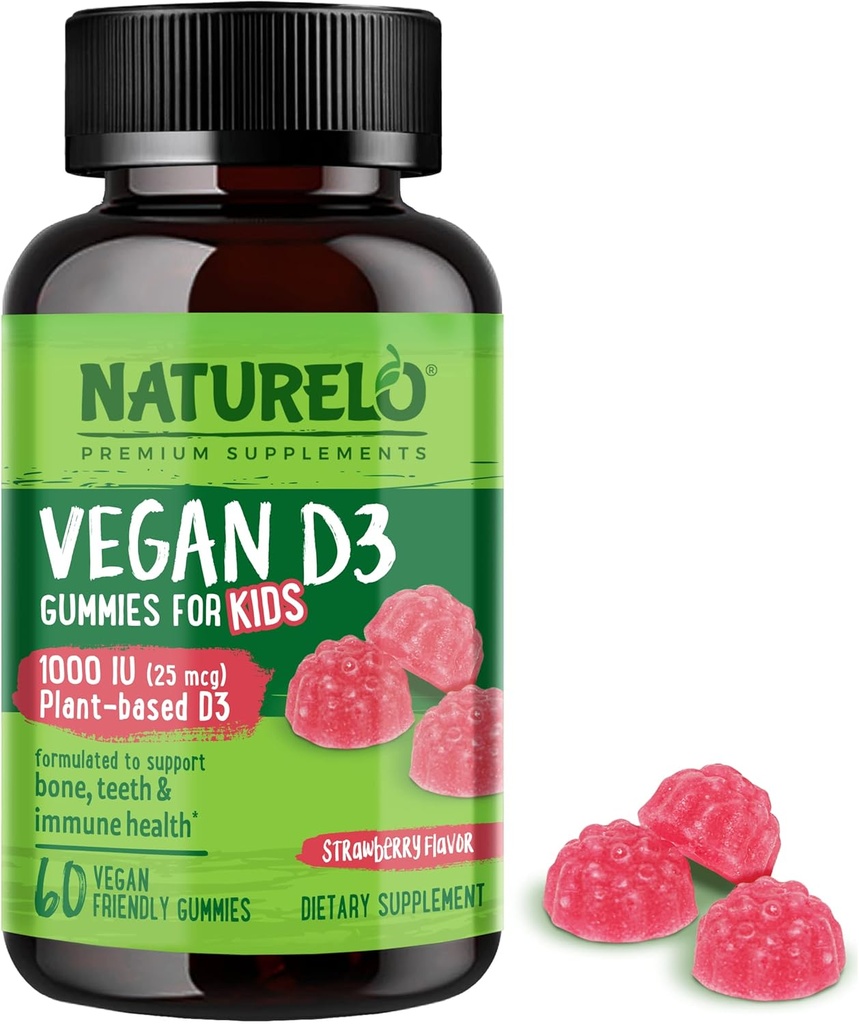 NATURELO Vegan D3 Gummies for barn - 1000 IU Vitamin D3 - Plantebasert hele mattilskudd for barn 4 og eldre - 60 Vegan-vennlig Gummies