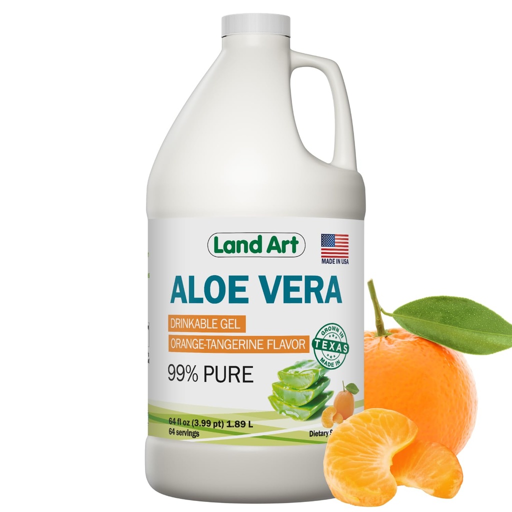 Pure Aloe Vera Drinkable Gel - Orange Tangerine Flavored - Cold-Processed Inner Filet - fra organiske ferske blader fra Texas - for Heartburn Relief - Acid Reflux - 64 fl oz