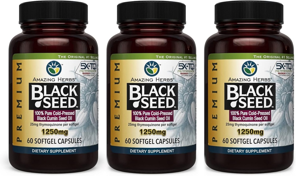 Amazing Herbs Premium Black Seed Oil Capsules - høy potens, kald presset Nigella Sativa Aids i Digestive Helse, Immune Support & Brain funksjon - 60 greve, 1250mg (Pack of 3)