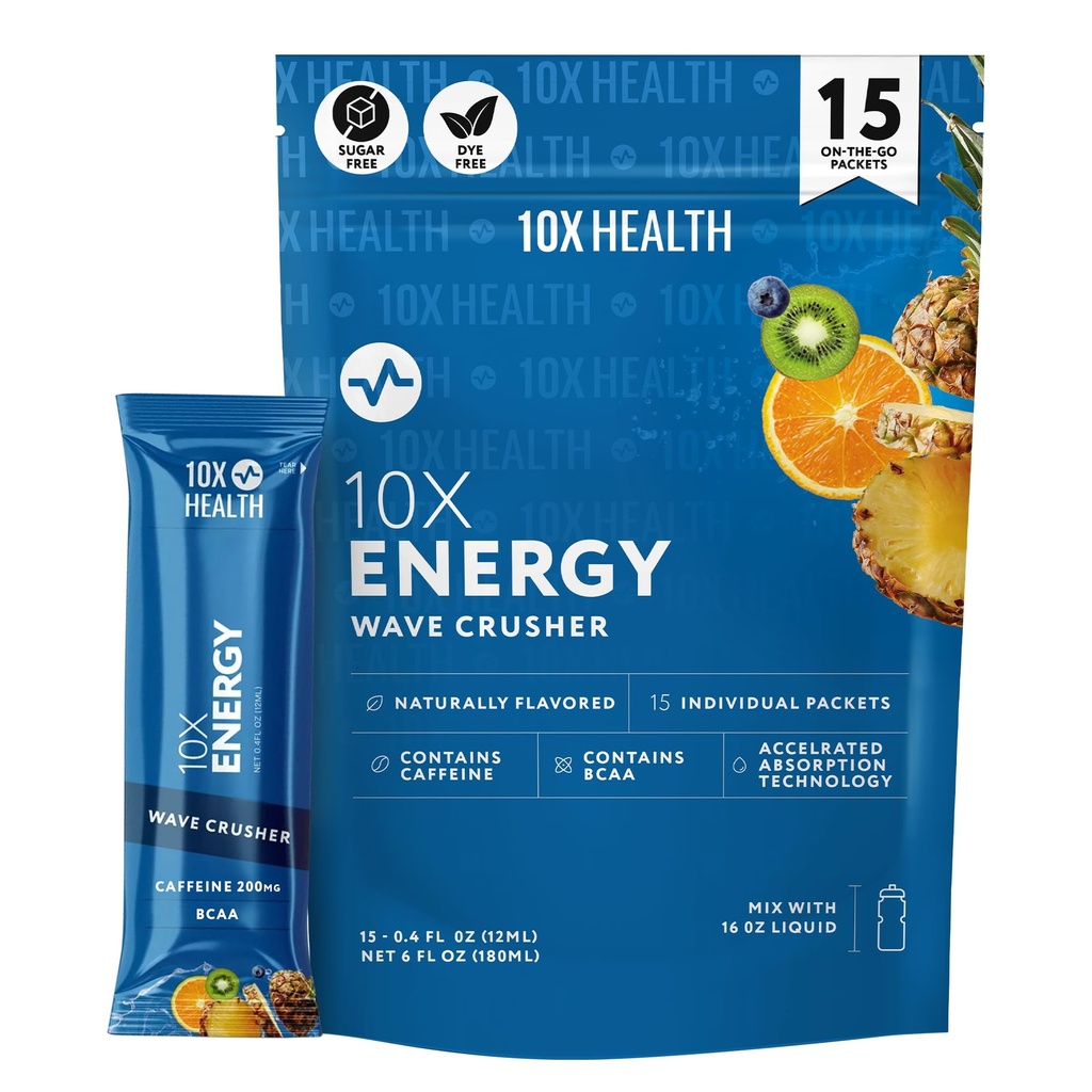 10X Health - Energi bølge Crusher - Energidrink med 200 mg kaffe, BCAA, B-vitaminer, akselerert absorpsjon - Tropisk Punch Pre-Workout Drink - 15 Drikkeblandingspakker (Wave Crusher - Energy)