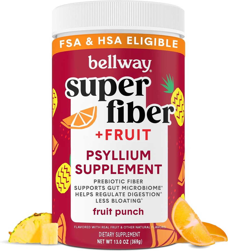 Bellway Super Fiber Powder + Frukt, Sukkerfri organisk Psyllium Husk pulverfiber Supplement for regelmessighet, Bloating Relief & Digestive Helse, Plantebasert, Fruit Punch (50 Serveringer)