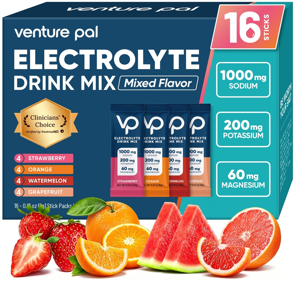 Venture Pal høy natrium sukker gratis elektrolytter pulver pakket - Hydration Packets med vitamin, natrium og kalium | null kalorier | Vegan, keto & Paleo Vennlig Electrolyte Drink Mix - 16 Sticks