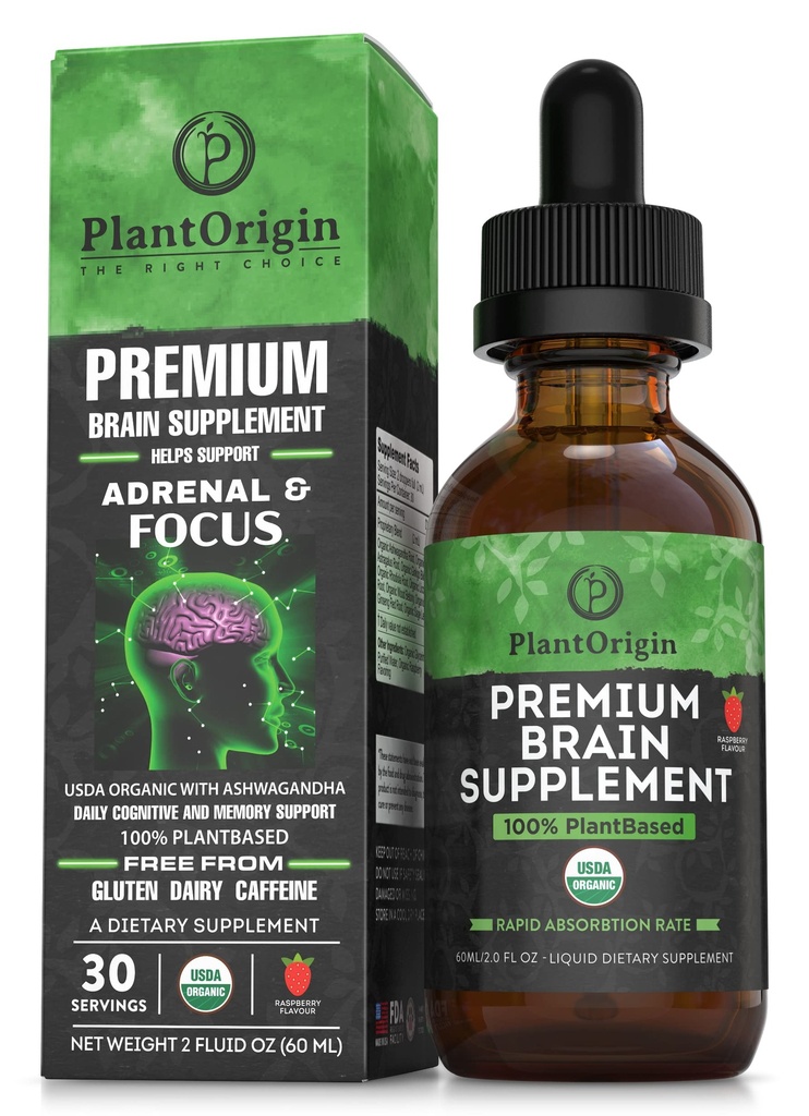 PLANTORIGIN-USDA organisk flytende hjernesupplement - Plantbaserte nootropiske dråper for fokus, minne og mental klarhet - Vegan, ikke-GMO, koffein-fri, Ashwagandha, Ginseng, Ginkgo, Rhodiola - laget i USA