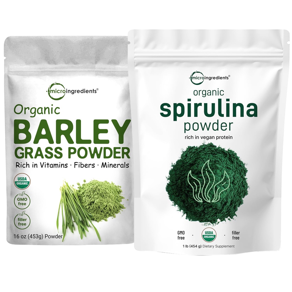 Mikroingredienser Organic Spirulina pulver 1lb & organisk Barley Grass pulver 16oz Bundle 2 pakke | rå supermat | rik på vegansk protein, fiber, mineraler, og vitaminer