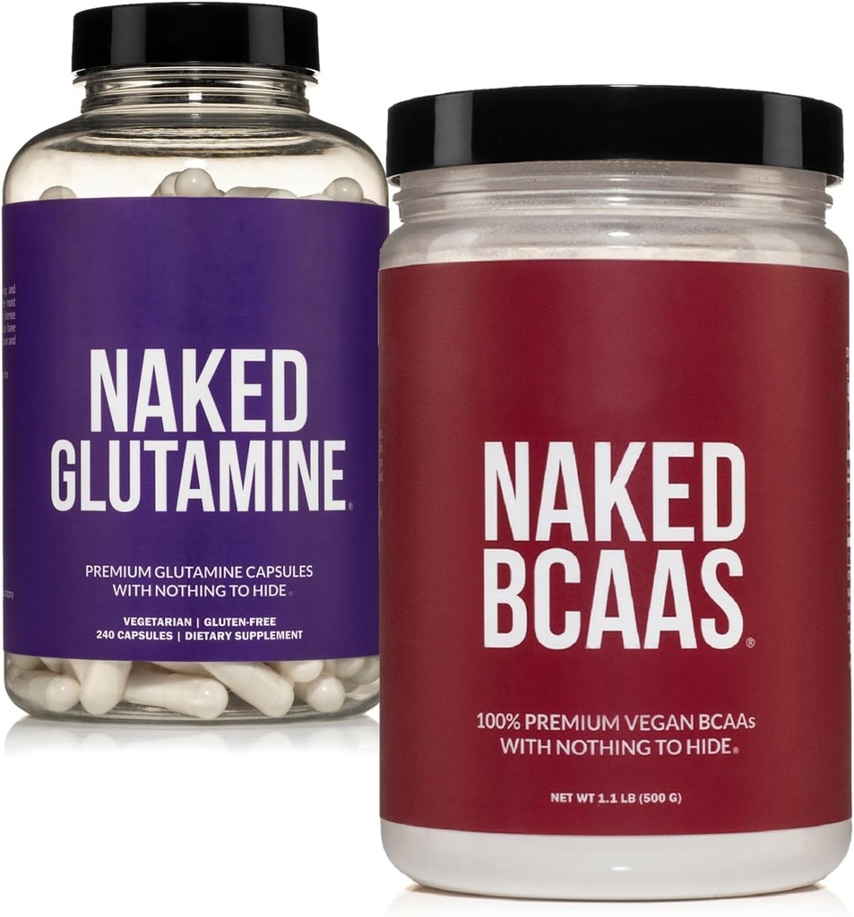 NAKED Uslavored BCAA 100 Sevings + ren L-Glutamin 240 Kapsler Bundle: Ikke-GMO, Glutenfri, Muskelgjenvinning, Ingenting Kunstig