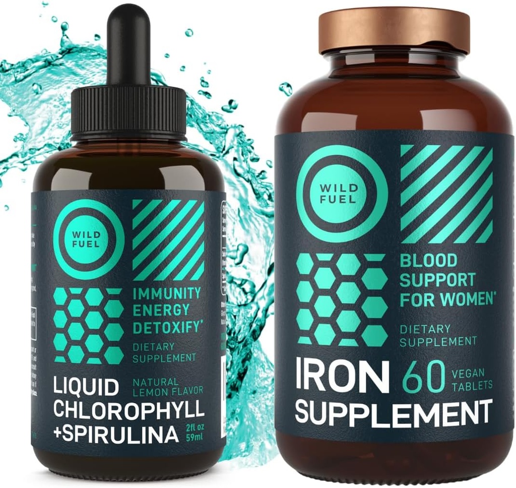 WILD FUEL jerntabletter for kvinner med folsyre og flytende klorofyll med Spirulina Kvinne Helse og Detox Bundle