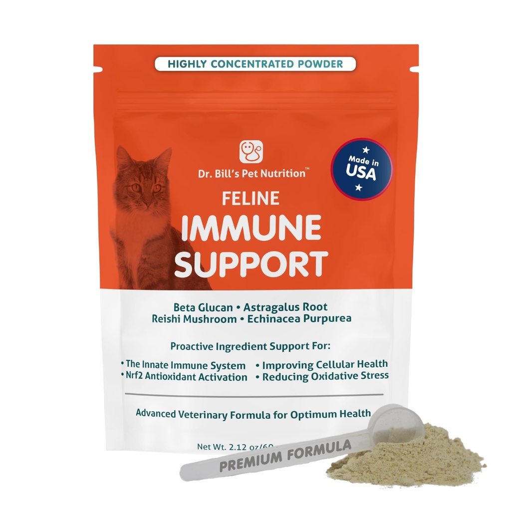 Dr. Bill's Feline Immune Support | Boosts Cat Immunity og helse med kolostrum, Beta Glucan, Tyrkia Tail Mushroom, Sink & Vitamin C | pulver Supplement for katter i alle aldre