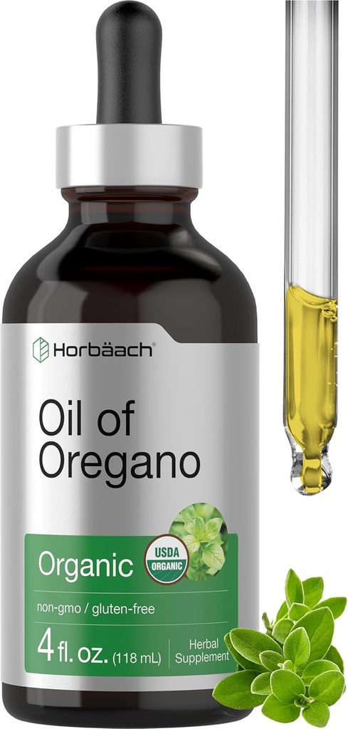 Horbäach økologisk olje av Oregano Drops 4 fl oz flytende | Vegansk | Ikke-GMO, Glutenfri