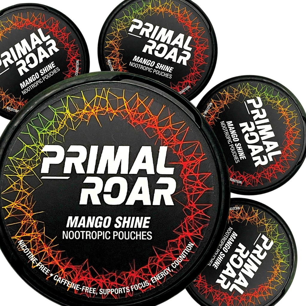 Primal Roar Mango Shine - Stimulant-Free Deep Focus Nootropics Pouches Lion's Mane + Cognizin Citicolin + Huperzine A | Nicotine og Caffeine-Free | 20 Pouches Per Kan (100 Totalt i 5-Pack)