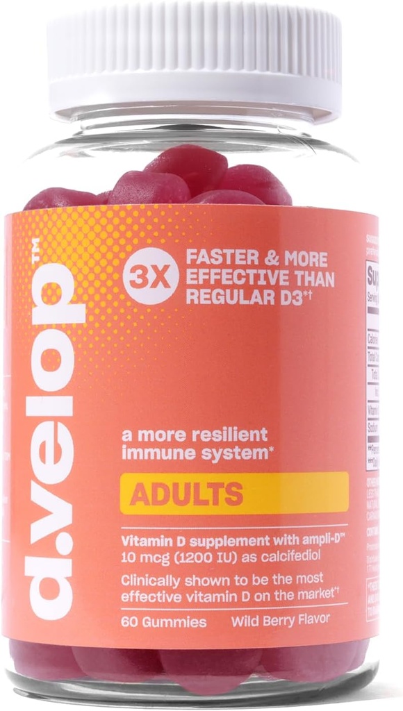 d.velop vitamin D Gummies for voksne - 1200 IU, 10 mg – høy potens vitamin D3 Gummies -immun støtte, bein og hjerte helse – 3X raskere og mer effektiv – ny formula, Wild Berry Flavor 60 greve