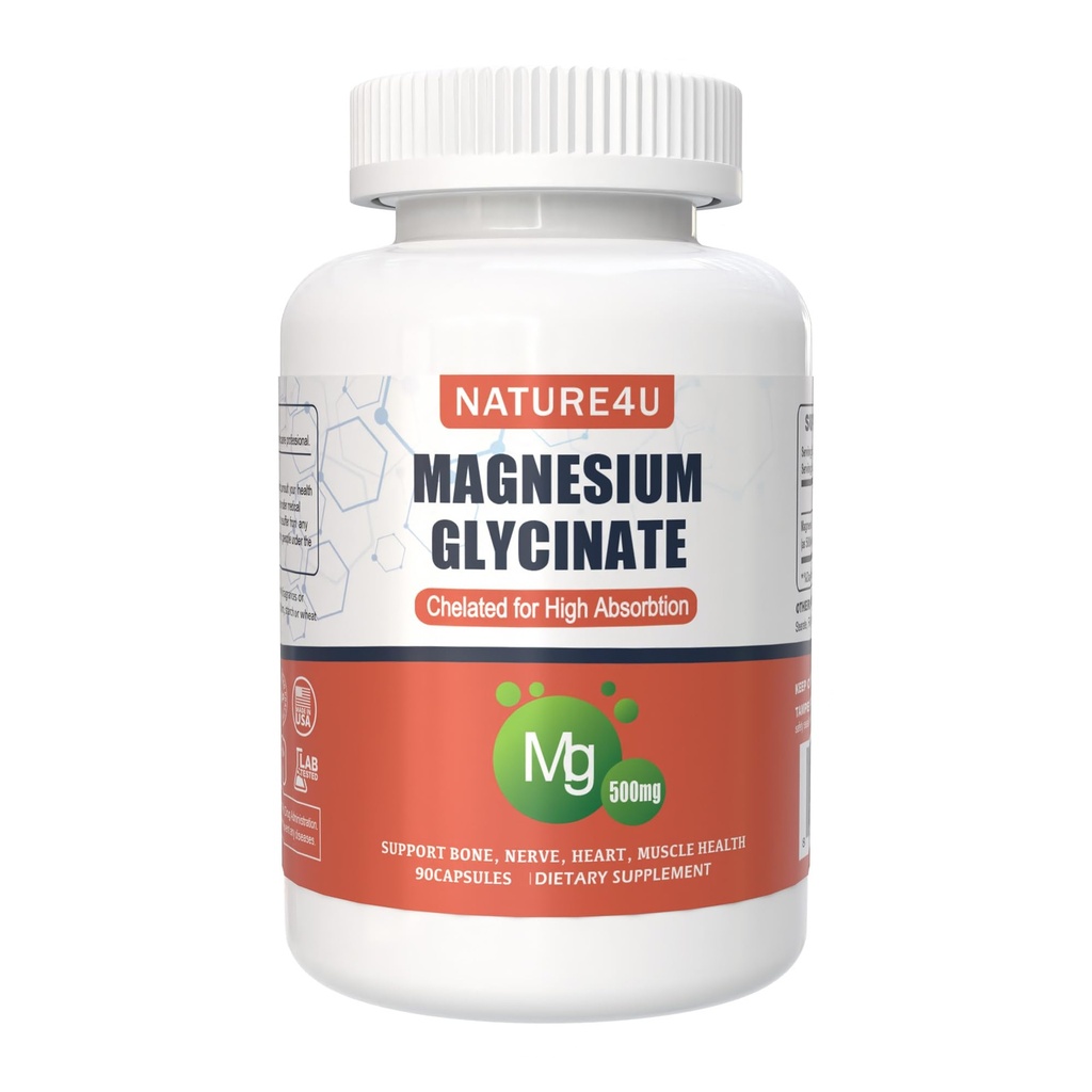Magnesium Glycinate 500 mg, 100% Chelat for høy absorpsjon Magnesium Supplement for søvn, muskel, hjerte, aldri og bein støtte, 90 kapsler