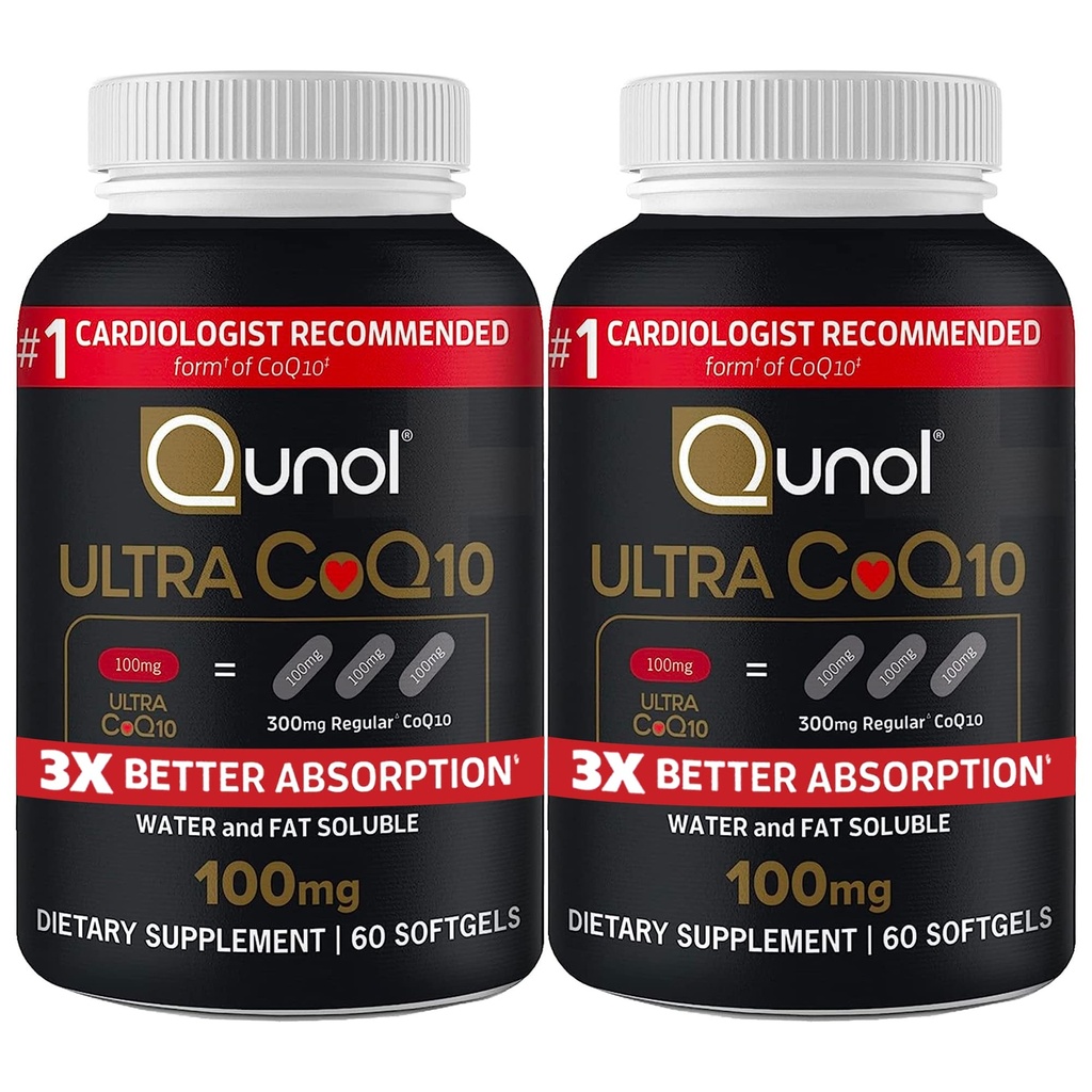 Qunol Ultra CoQ10 100 mg 3X Bedre absorpsjon Patentert Vann og fett Oppløselig Naturlig Supplement Form Coenzym Q10 Antioksidant for hjerte helse pakker Softgels, 120 greve