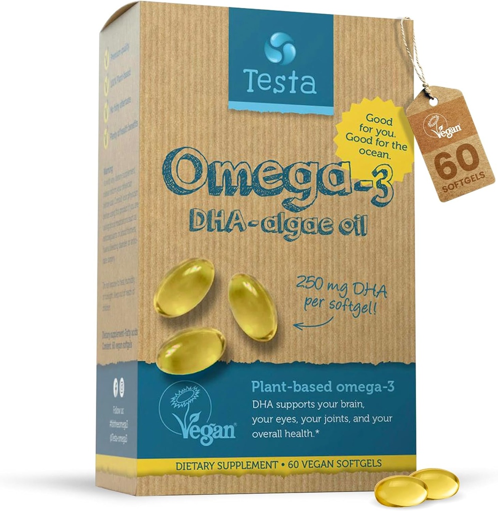Testa Omega 3 Supplement - 250 mg DHA fra Algae Oil - Vegan Omega 3 - støtter hjernen, øye og felles helse - ikke fra fisk, ren algae kapsler - to måneders forsyning