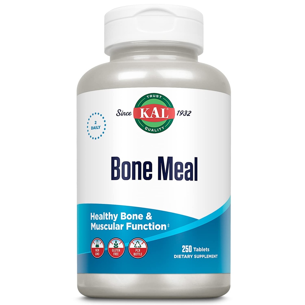 KAL Bone Meal Tabletter, Kalsium Supplement w/Magnesium, vitamin D3 og K, Bone Helse, Muskel og Nerve funksjonsstøtte, Hurtig desintegrasjon, Glutenfri, Ikke-GMO, 60-dagers garanti, 125 Serv, 250ct