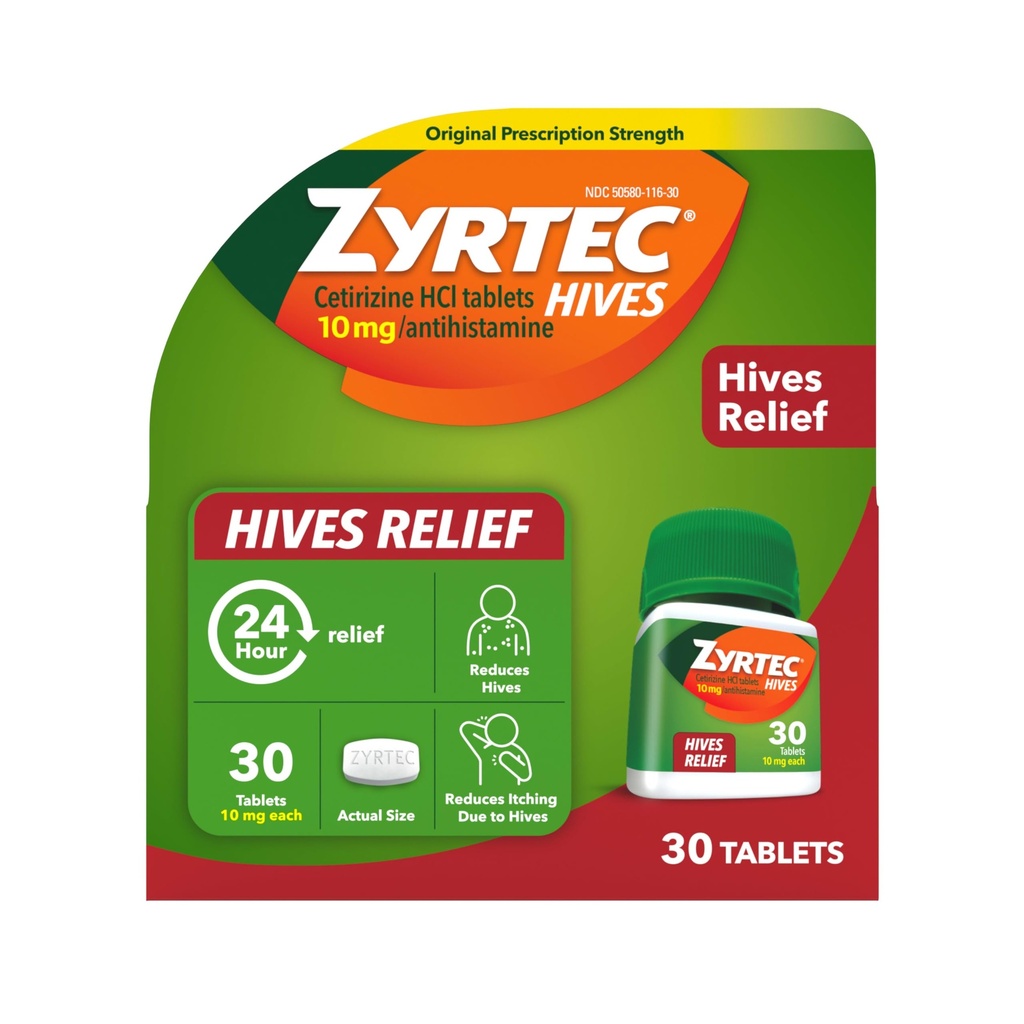Zyrtec 24 timers Hives Relief Tabletter, 10 mg Cetirizine HCl-tabletter for å bidra til å redusere hever og redusere kløe på grunn av hever, Antihistaminer tabletter for kløe relief og behandling av urticaria, 30 ct
