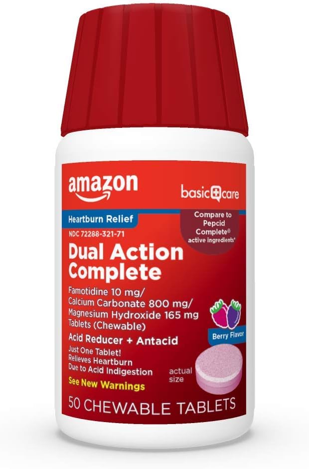Basic Care Dual Action Komplett, Chewable Acid Reducer Plus Antacid Tabletter, Berry Flavor, Heartburn Medisin, Acid Indigation Relief, 50 greve
