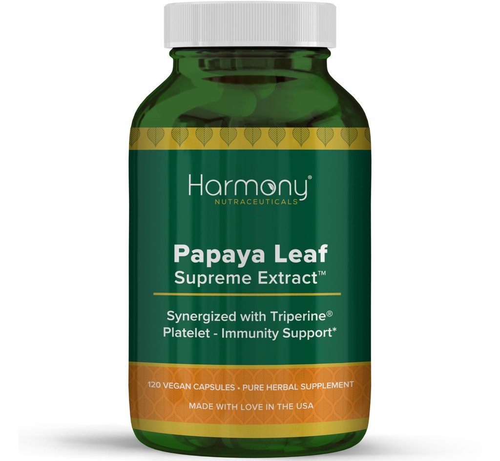 Harmony Nutraceuticals Papaya Leaf Høyeste ekstrakt Høyeste potens maksimale bioaktivitet organisk Dr. Gummans kliniske grad 120 Vegan Capsule Synergisert med Triperine