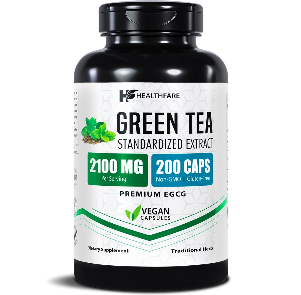 Helsefare Grønn Te Ekstrakt piller 2100mg | Supplement Standardisert med EGCG & Polyfenoler | 200 Vegan Capsules | Ekstra styrke Antioksidant Støtte | Ikke-GMO, Glutenfri | laget i USA