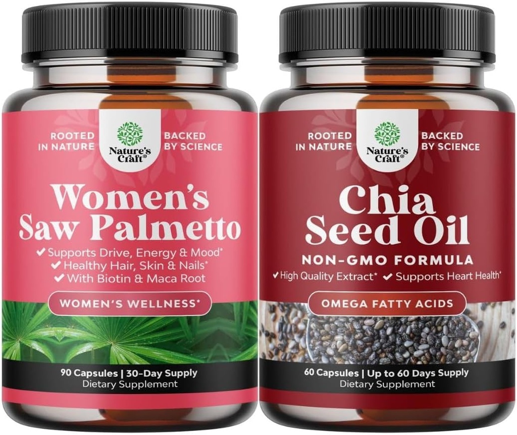 Bundle av ekstra styrke så Palmetto for kvinner og Chia frø olje ekstrakt kapsler - sterkere tykkere raskere hårvekst vitaminer - plantebasert omega 3 6 9 Supplement og daglige fiberkapsler