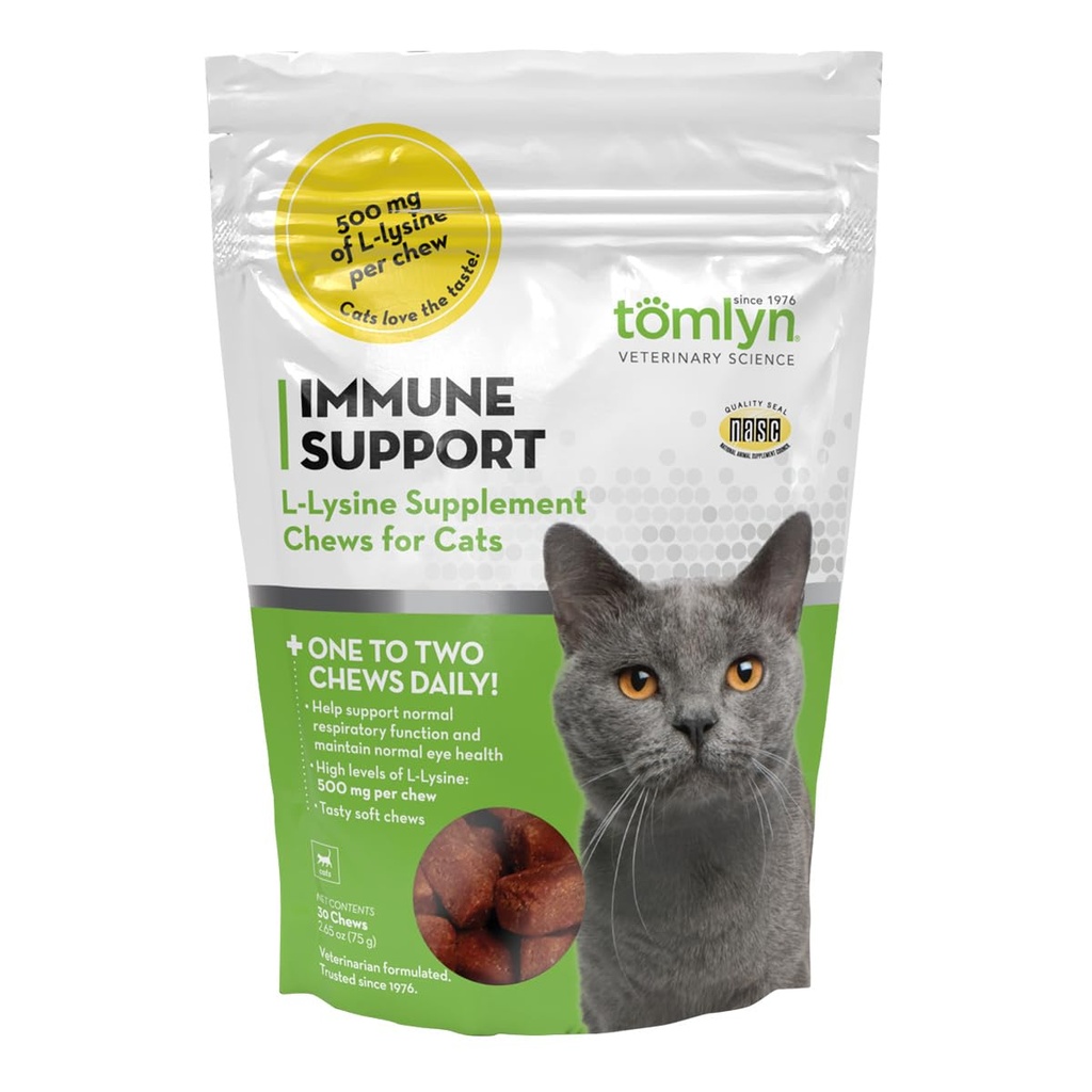 Tomlyn Immune Support Daily L-Lysine Supplement, Fish-Flavored Lysine Chews for katter og kittens, 30ct