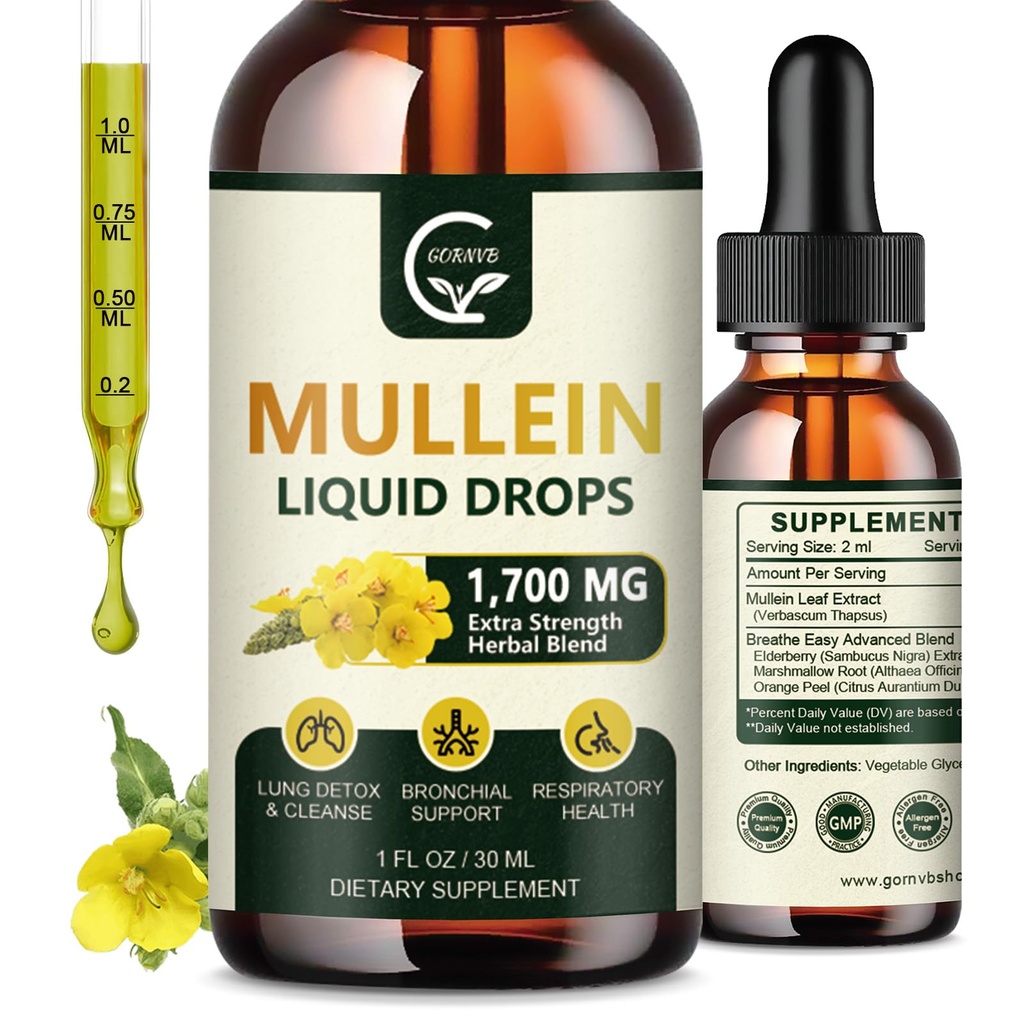 (2 Pakke) Mullein Drops for Lungs - Lungs rengjøring og respiratorisk støtte, kraftig 4 i 1 Mullein Leaf Extract med Elderberry, Marshmallow Root og oransje Peel for Bronchial Support, 1 Fl Oz