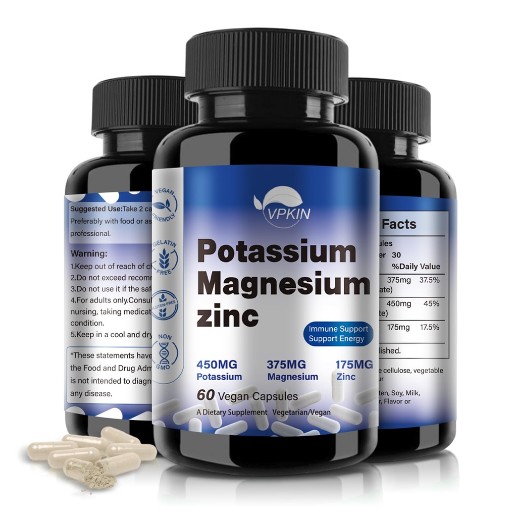Kalium Magnesium Supplement 1000mg, Magnnesium Kalium Zink for benkramper, høy absorpsjon Magnesium Complex,Vegan (60 kapsler)