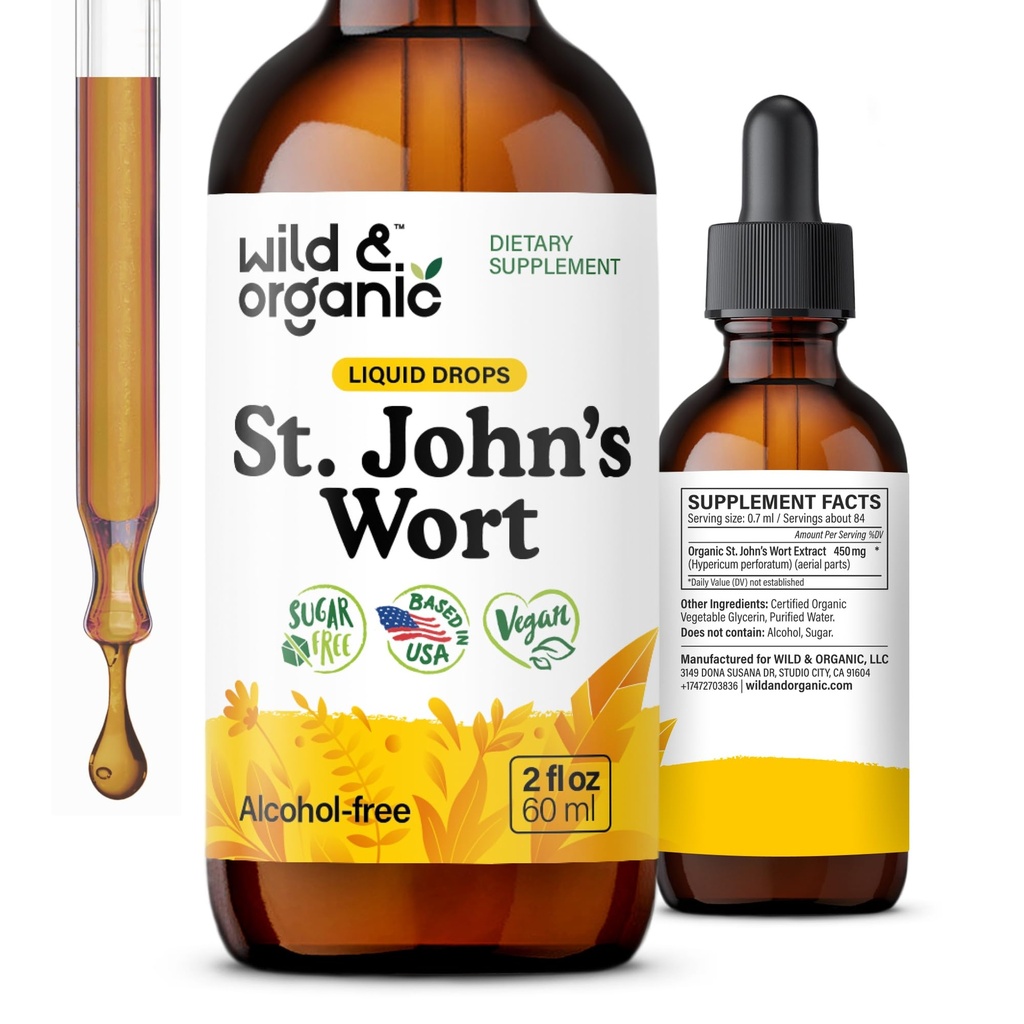 Wild & Organic St Johns Wort Tinktur - Mood Support - Avslappende St. John's Wort Supplement - flytende Hypericum Perforatum Herb Drops - Vegan, sukker og alkohol-fri - 2 fl oz