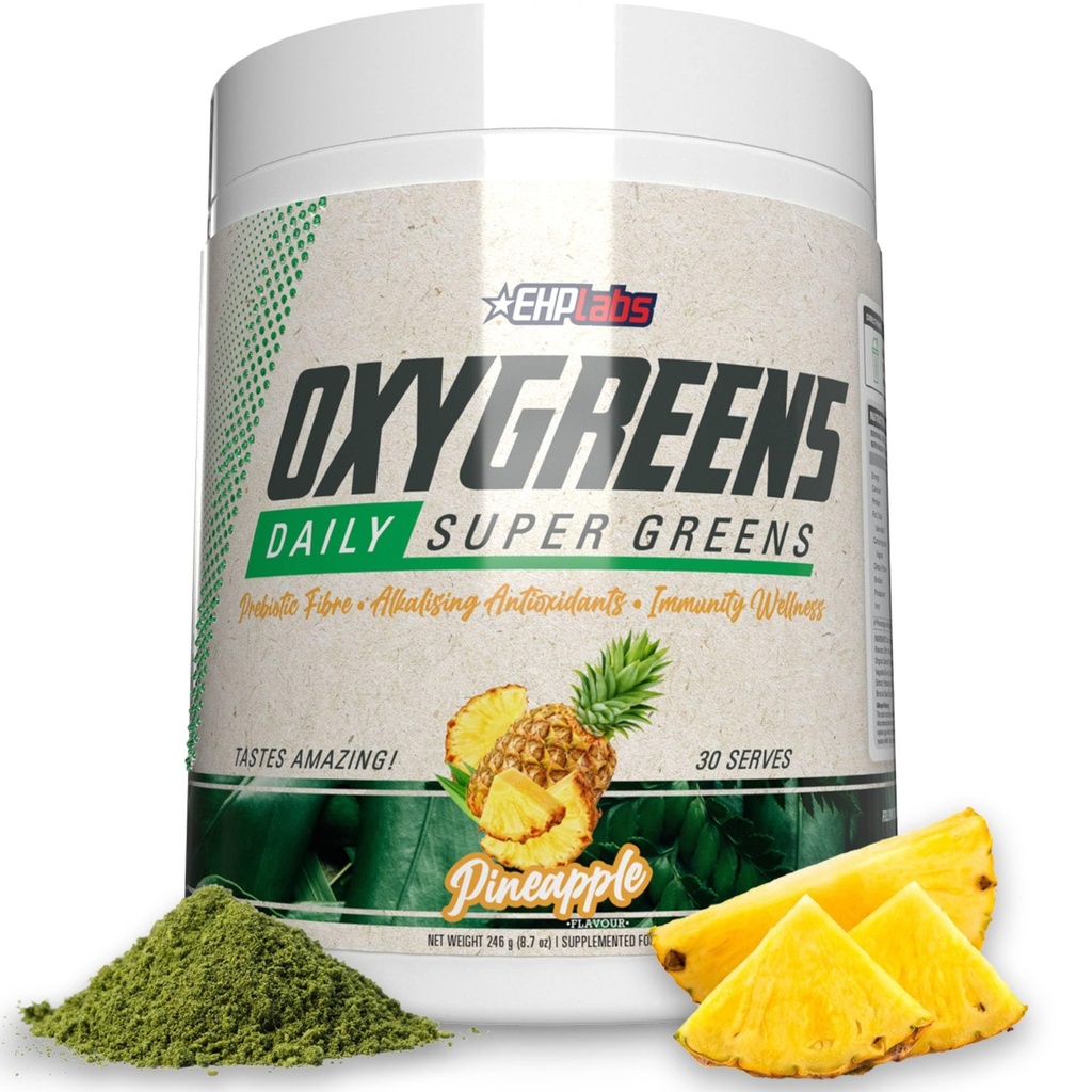 EHP Labs OxyGreens Super Greens pulver - Spirulina & Chlorella Superfood, Grønn Juice pulver & Grønn Kosttilskudd med prebiotiske Fiber, Antioksidanter og immunitetsstøtte, 30 Serverer (Pineapple)