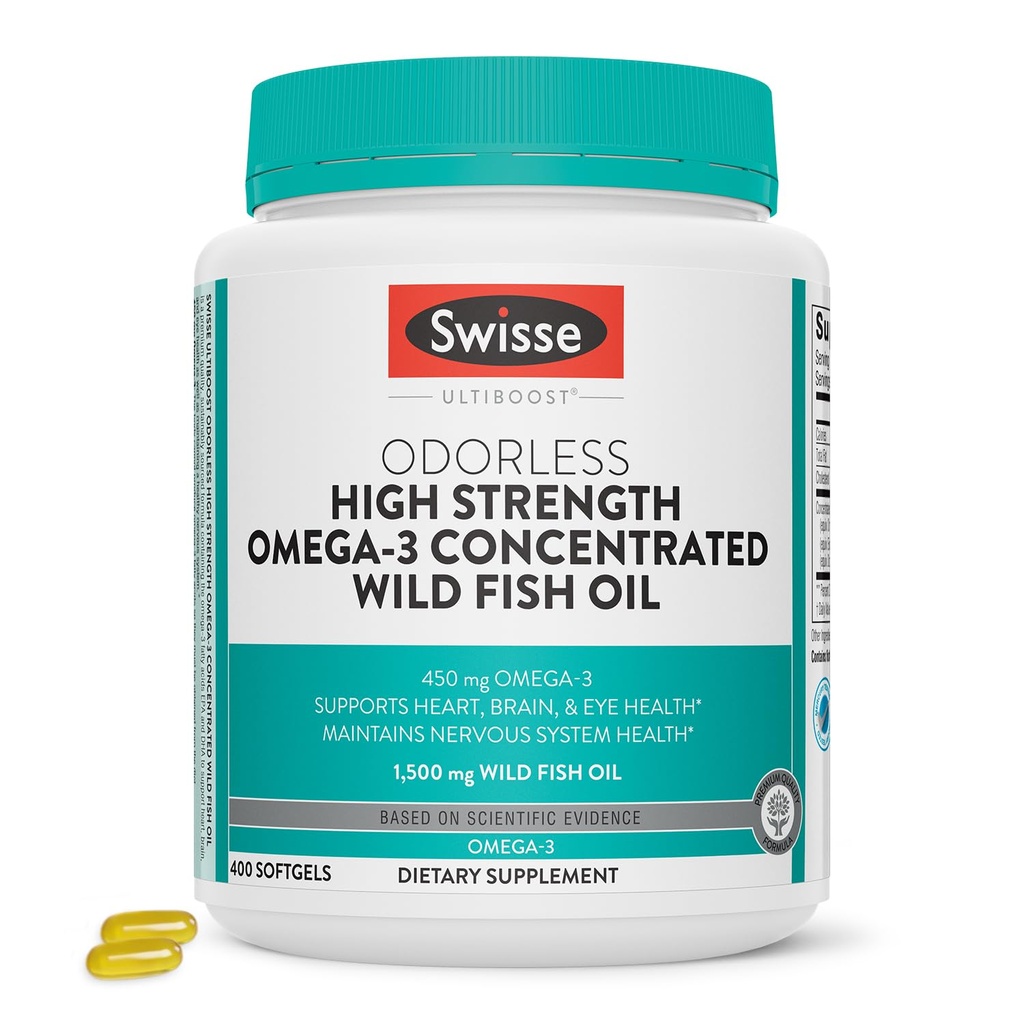 Swisse Wild Fish Oil Omega 3 Kosttilskudd for kvinner og menn EPA DHA Fish Oil Supplements | Odorless - Hjelper støtte hjerne, øye og hjerte helse | Høy styrke 1500 mg | 400 Softgel piller
