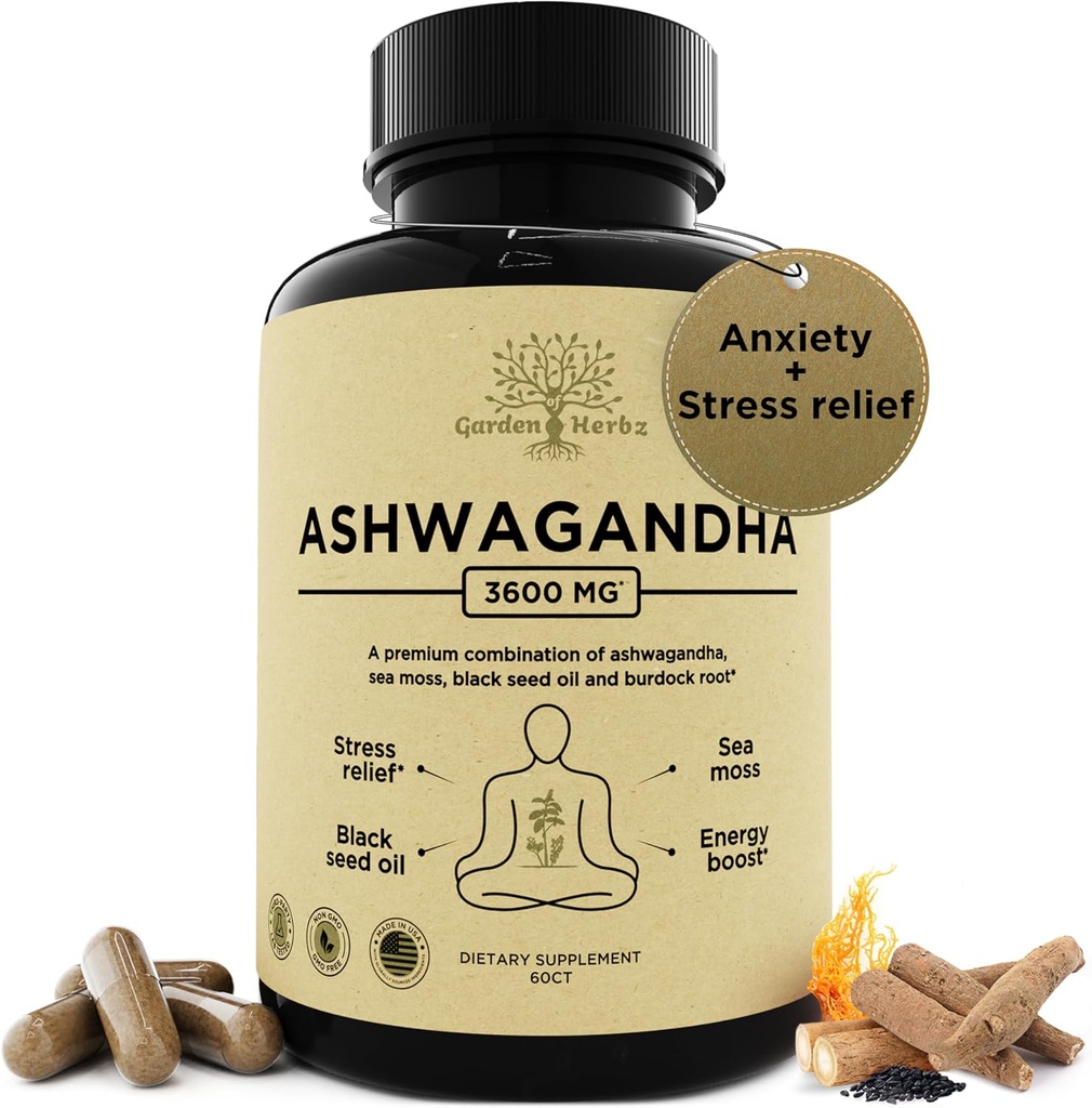 Organic Ashwagandha Root & Irish Sea Moss – 3 600 mg Ashwagandha Supplement med svart frøolje, & Burdock Root – Herbal Supplement for energi, Stress Relief, Extra styrke, 60 Caps