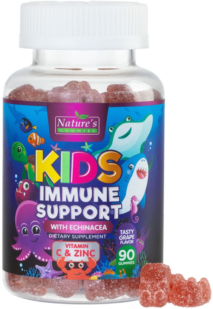 Barnas immunstøtte Supplement Gummier - Daglige Barn vitaminer C, Zink & Echinacea - Gummy for barn Immunitetsstøtte, Alder 4 og opp, Naturlige Berry Flavor, Ikke-GMO, Glutenfri og Vegan - 90 Gummier