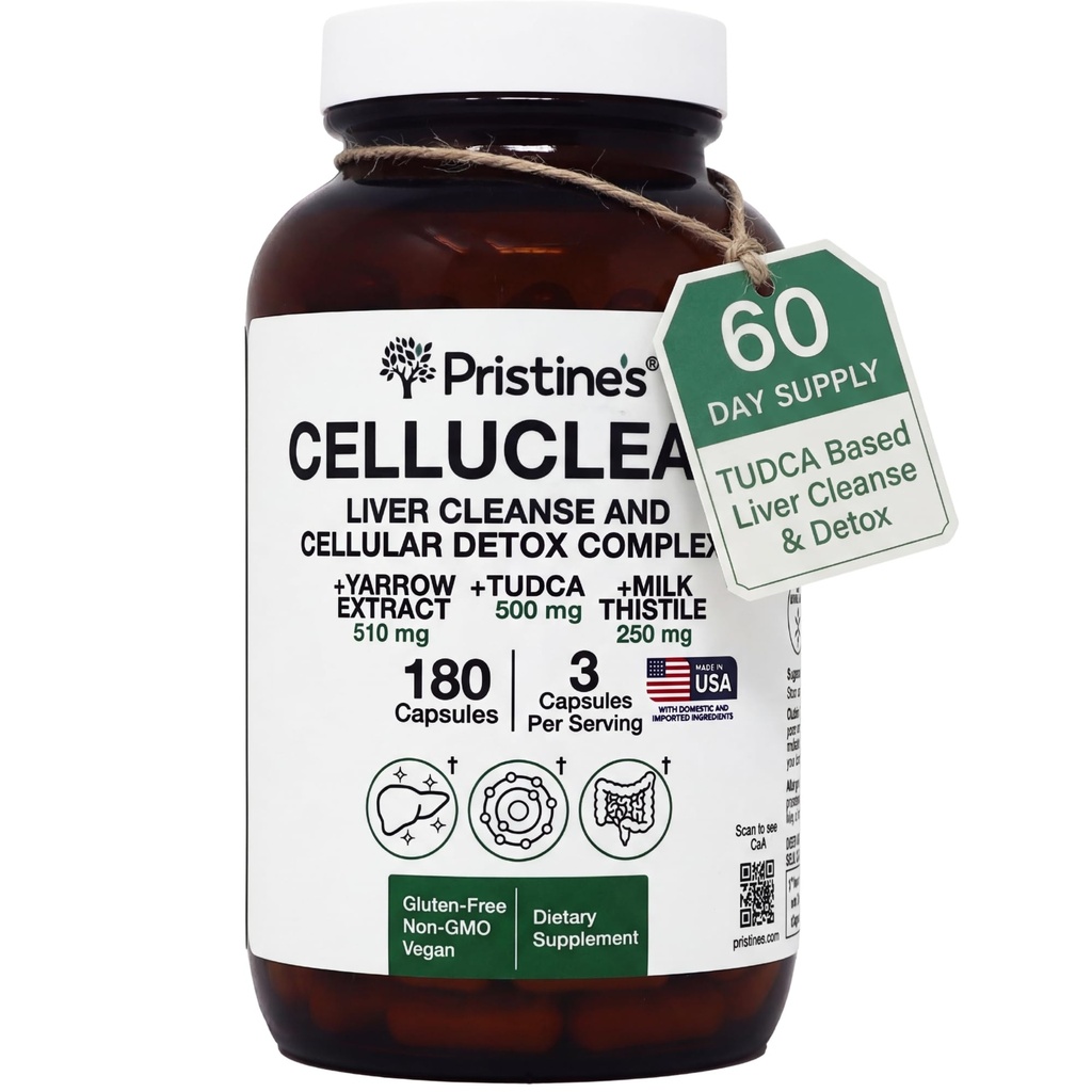 PRISTINE 'S CelluClean Liver Cleanse and Detox Supplement - TUDCA, Yarrow Extract & Milk Thistle - 3. part testet, ikke-GMO Bile Salts Remover - Vegan, GMP Facility, laget i USA Glassflaske