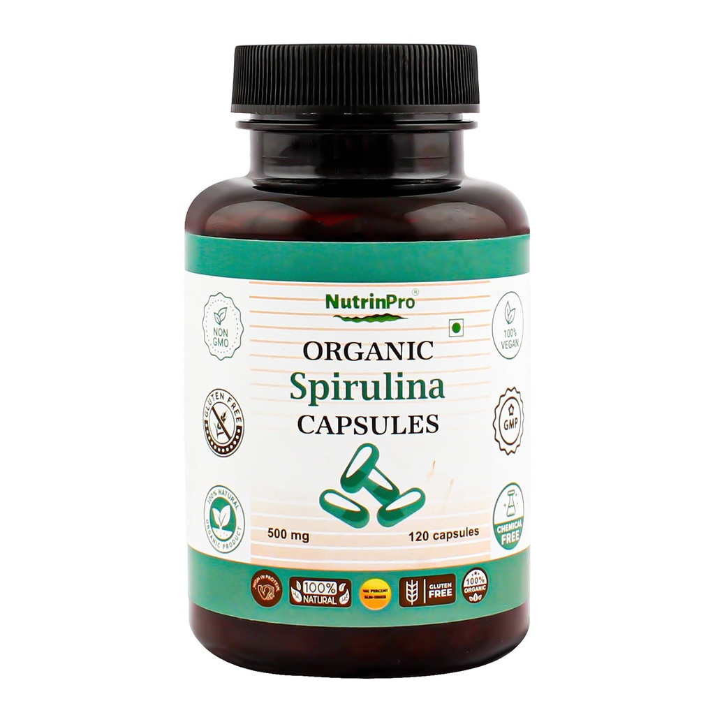 USDA Organic Spirulina Kapsler - 100% ren vegansk Supplement, ikke-GMO, Glutenfri, kjemisk-fri, (120)