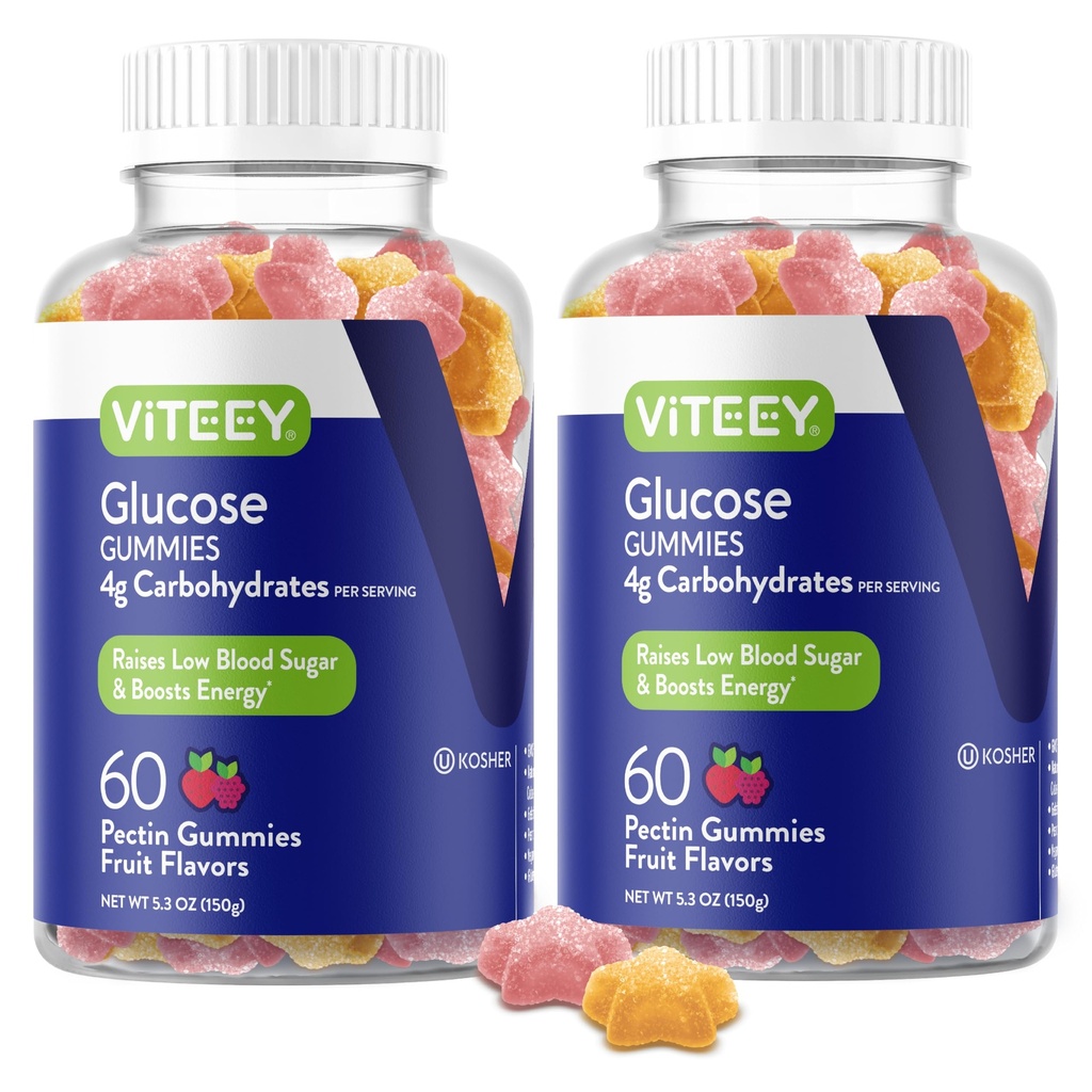 Viteey Glucose Gummies - 4 g carbohydrater - Hurtigvirkende alternativ til glucose tabletter - Energi og blodsukker støtte - Vegan, Glutenfri, Gelatinfri - 120 Tell